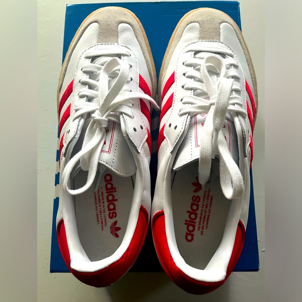 New-ish with box but without tags, Red and White Adidas Samba sneakers